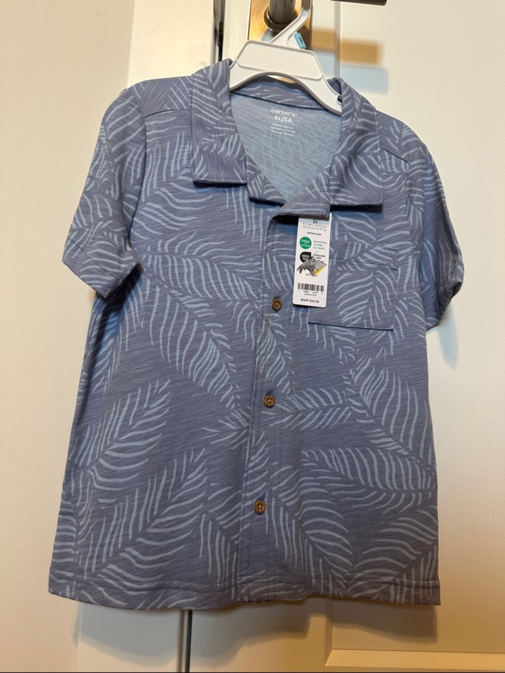 Carter's Light Blue Leaf-Print Short Sleeve Button-Down Shirt
